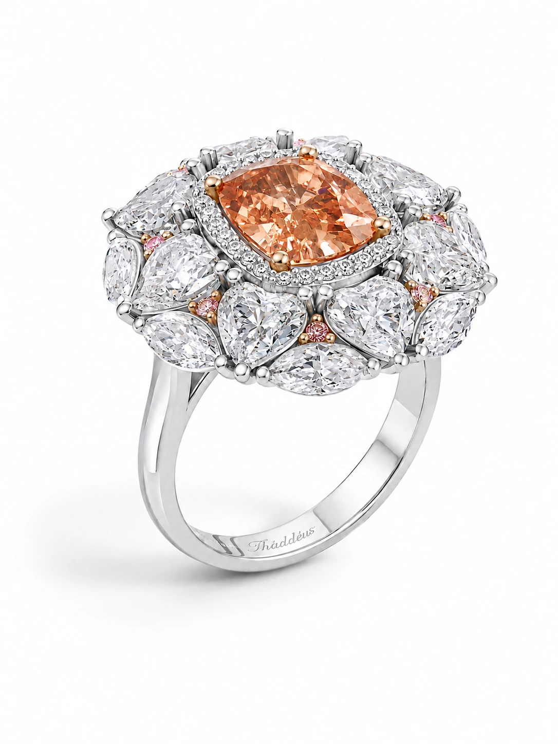 Cognac cushion-cut gemstone cluster ring — setting detail