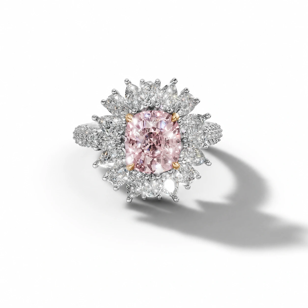 Pink cushion-cut gemstone ring with a floral motif — main view