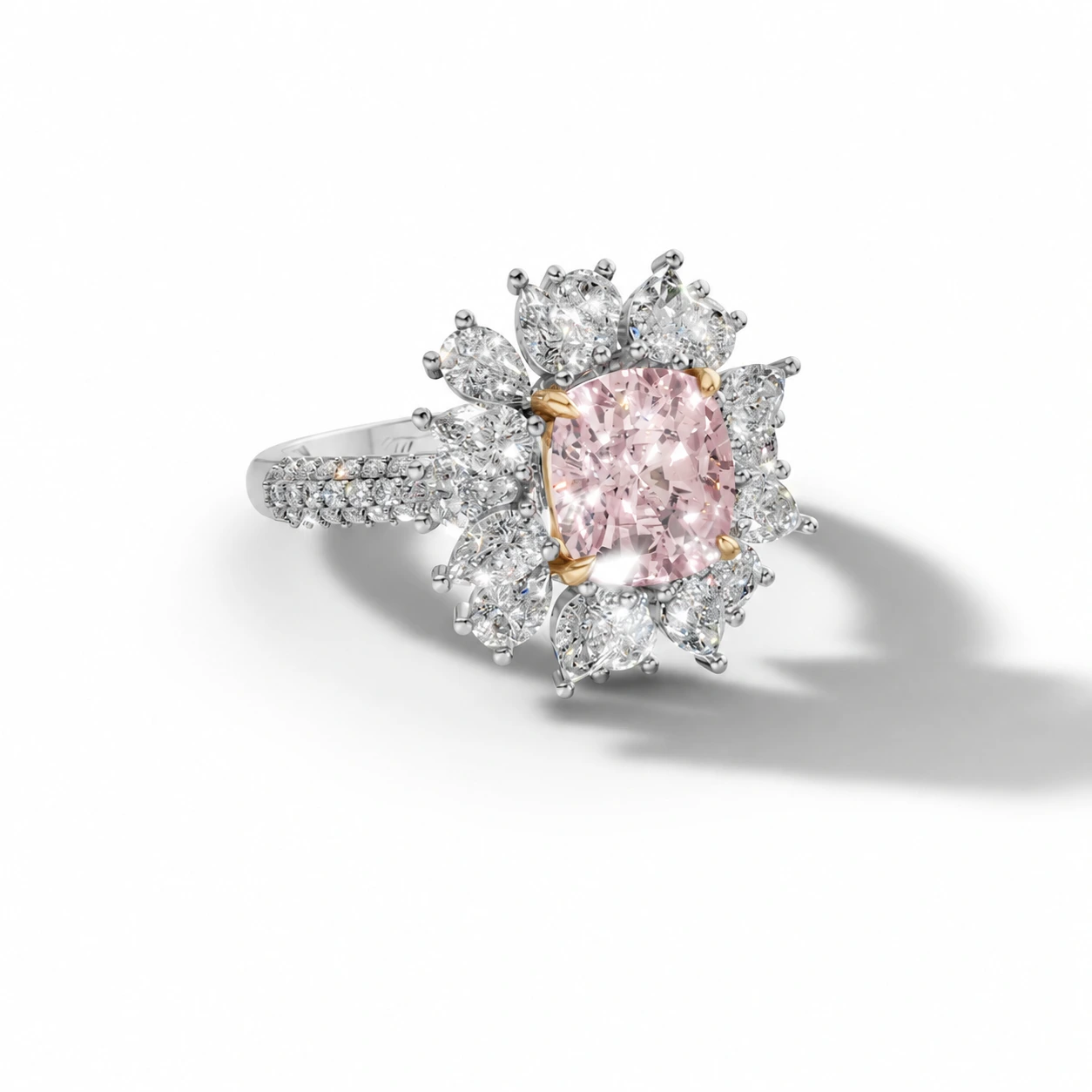Pink cushion-cut gemstone ring with a floral motif — setting detail