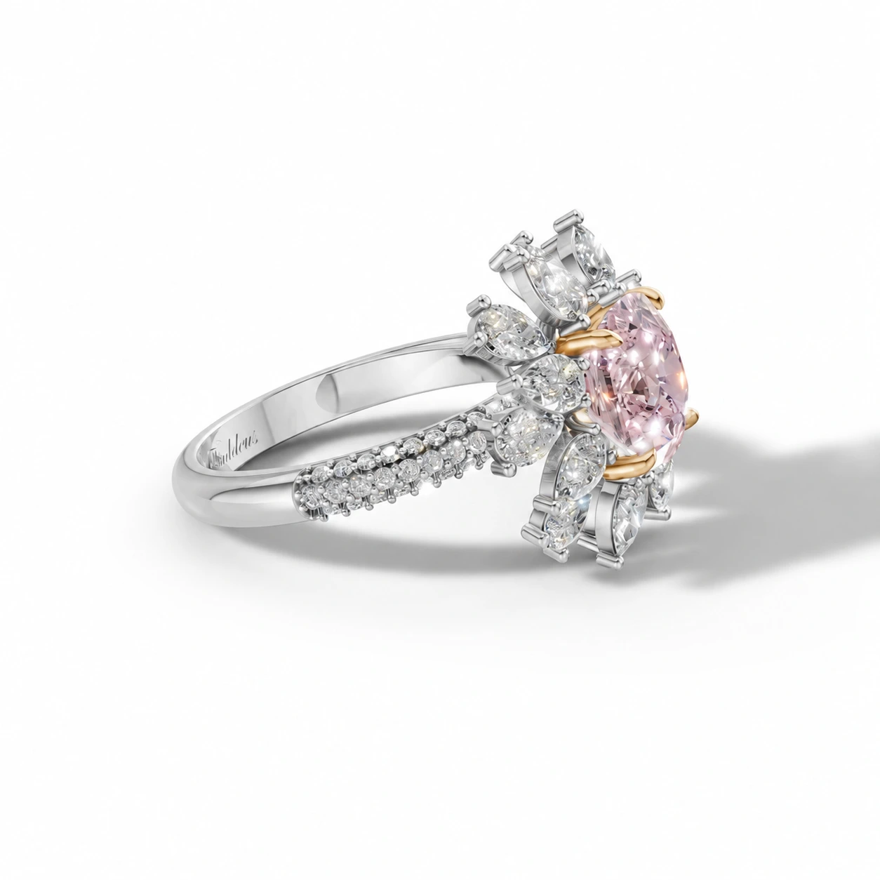 Pink cushion-cut gemstone ring with a floral motif — side view