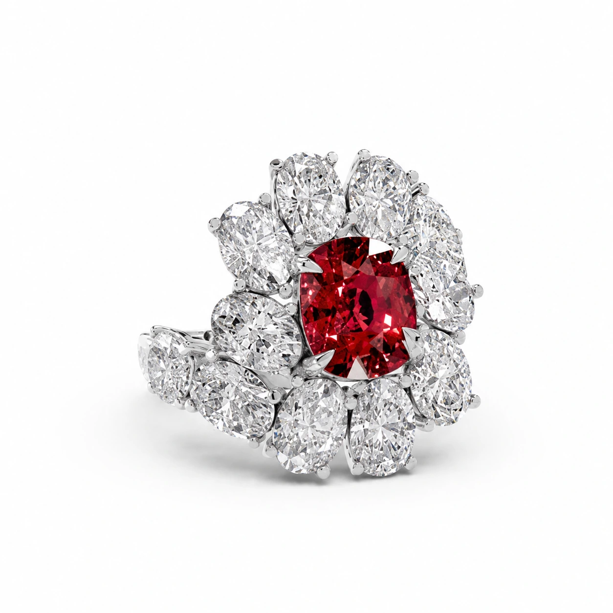 Red cushion-cut gemstone ring with a floral motif — main view