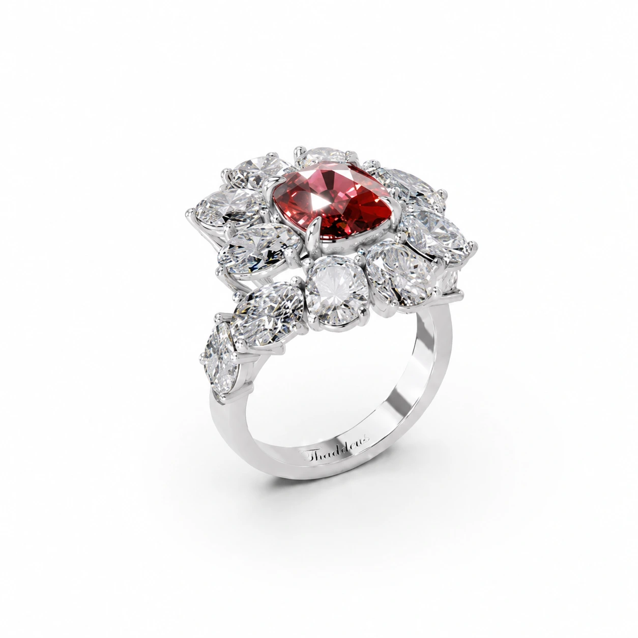 Red cushion-cut gemstone ring with a floral motif — setting detail
