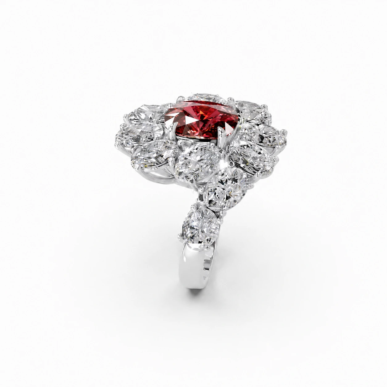 Red cushion-cut gemstone ring with a floral motif — side view