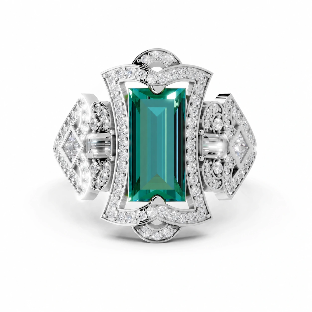 Green emerald-cut gemstone ring in an Art Deco style — main view
