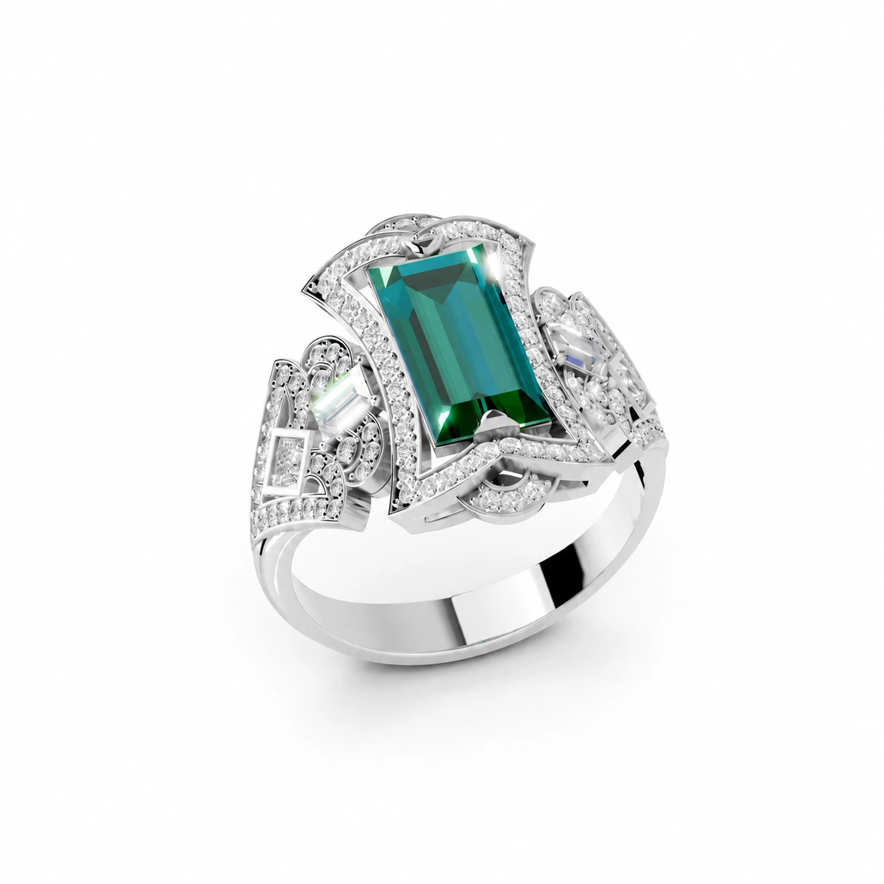 Green emerald-cut gemstone ring in an Art Deco style — setting detail