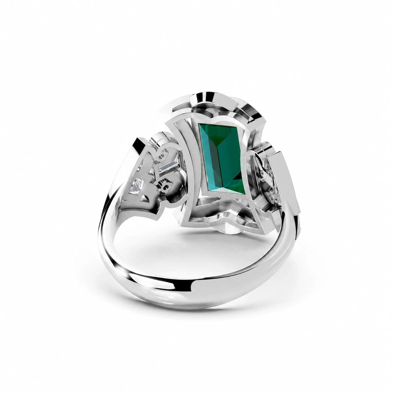 Green emerald-cut gemstone ring in an Art Deco style — side view