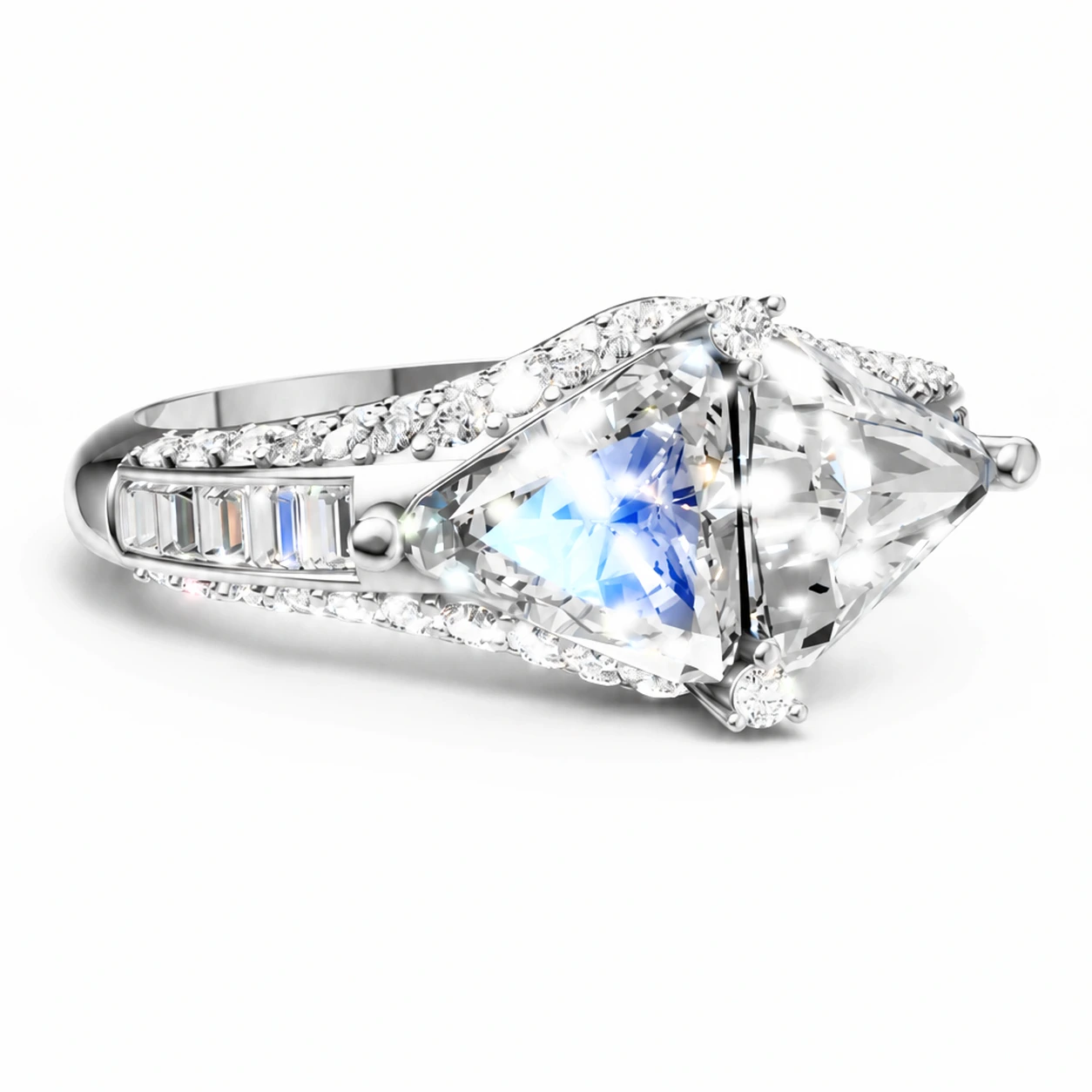 White kite-cut gemstone ring — setting detail