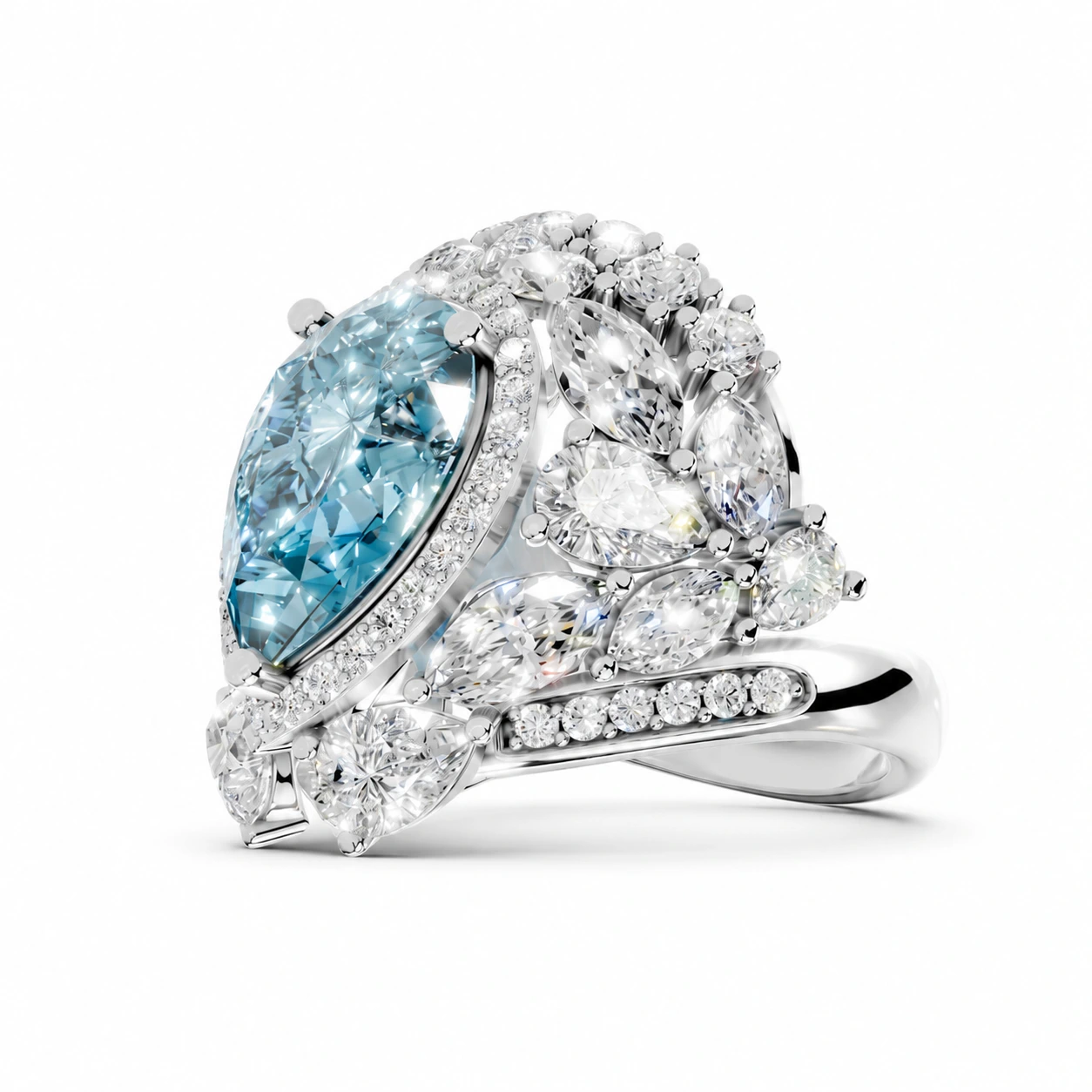 Blue pear-cut gemstone ring — setting detail