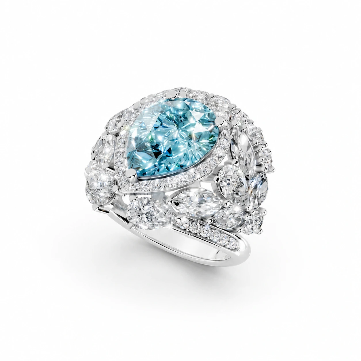 Blue pear-cut gemstone ring — side view