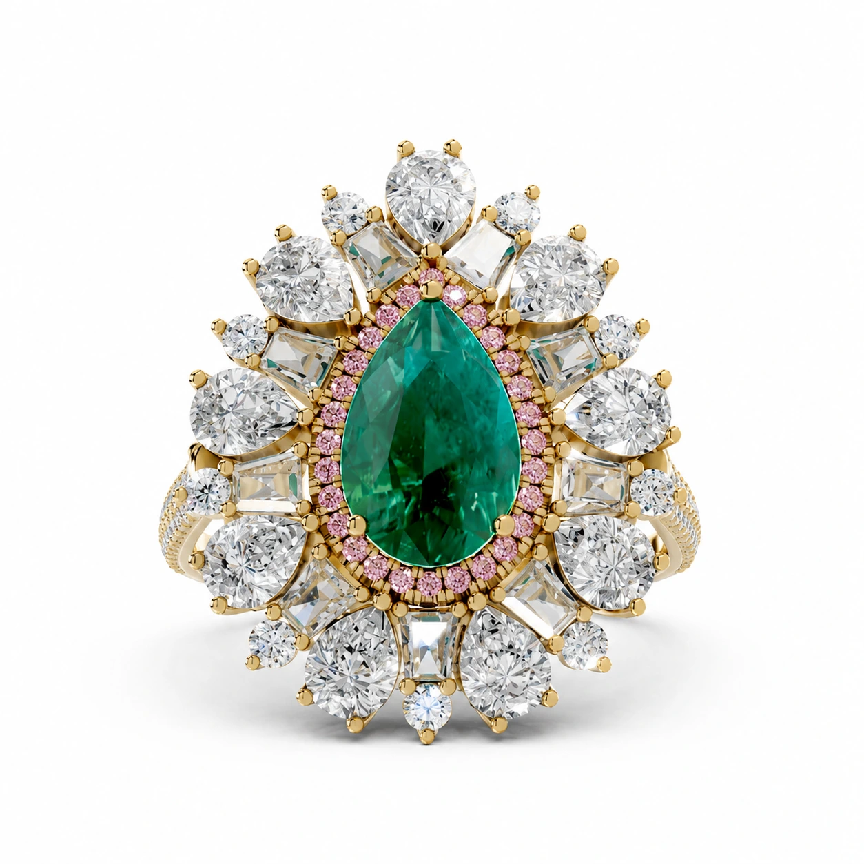 Green pear-cut gemstone ring with a floral motif — main view