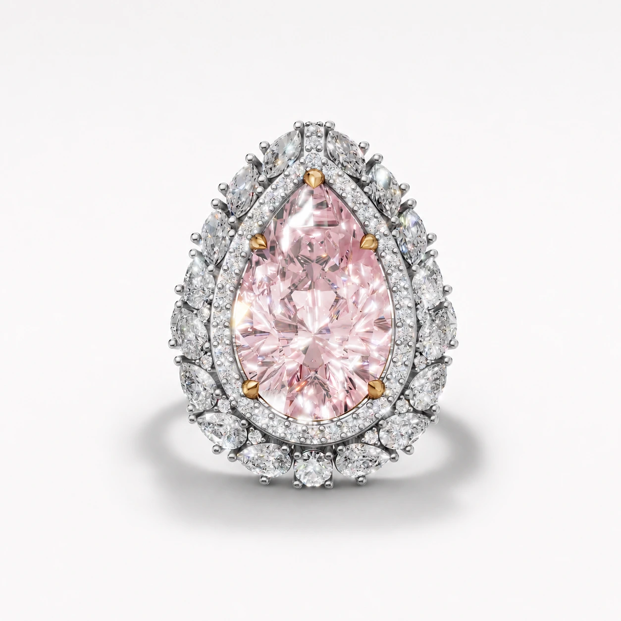 Pink pear-cut gemstone ring with a double halo — main view