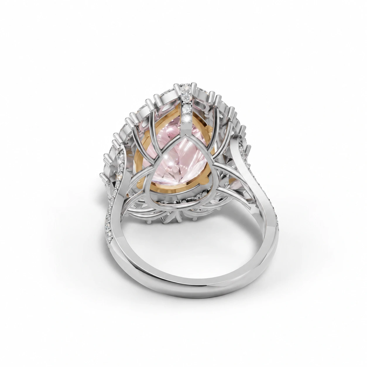 Pink double-halo ring — rear view of the setting