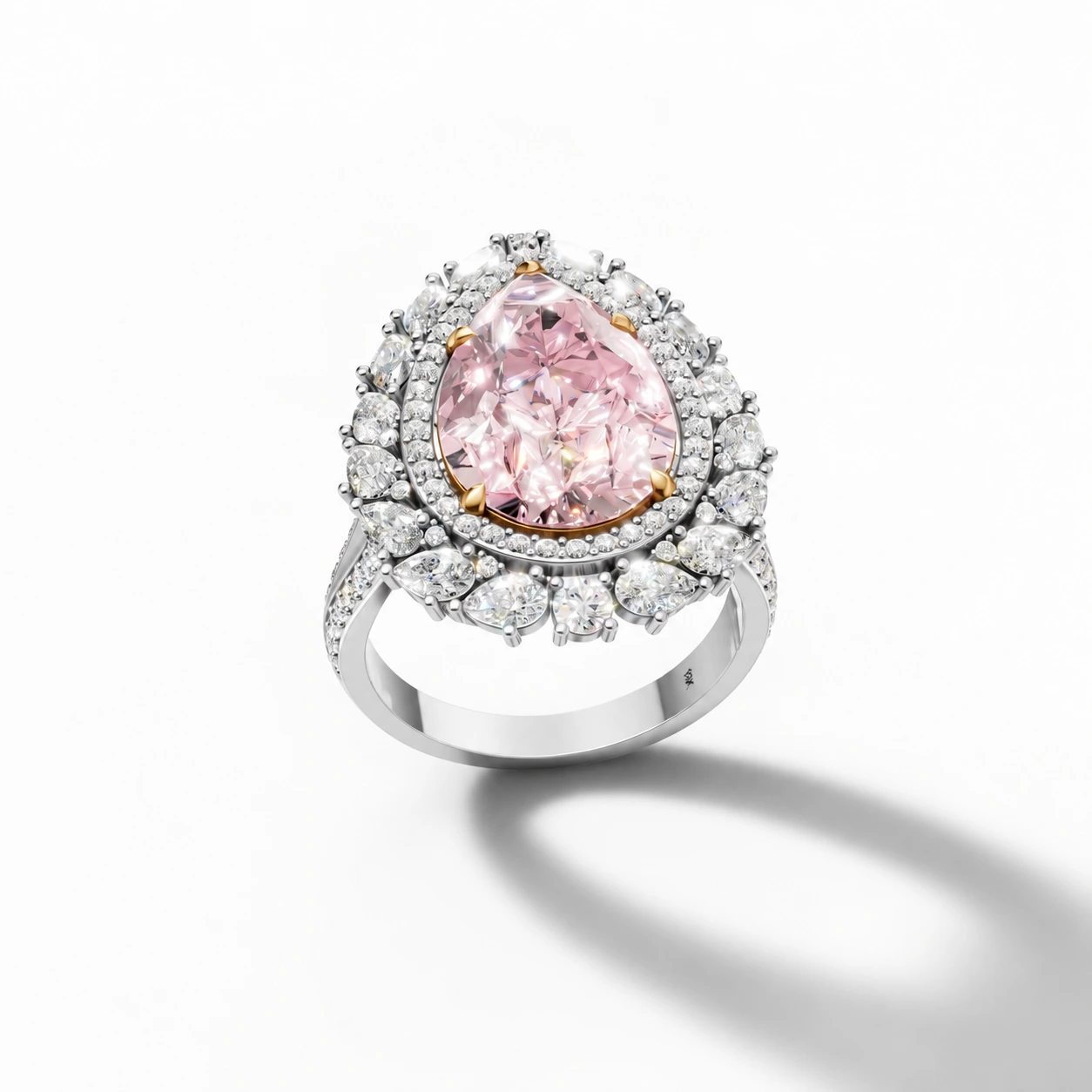 Pink double-halo ring — front gemstone detail