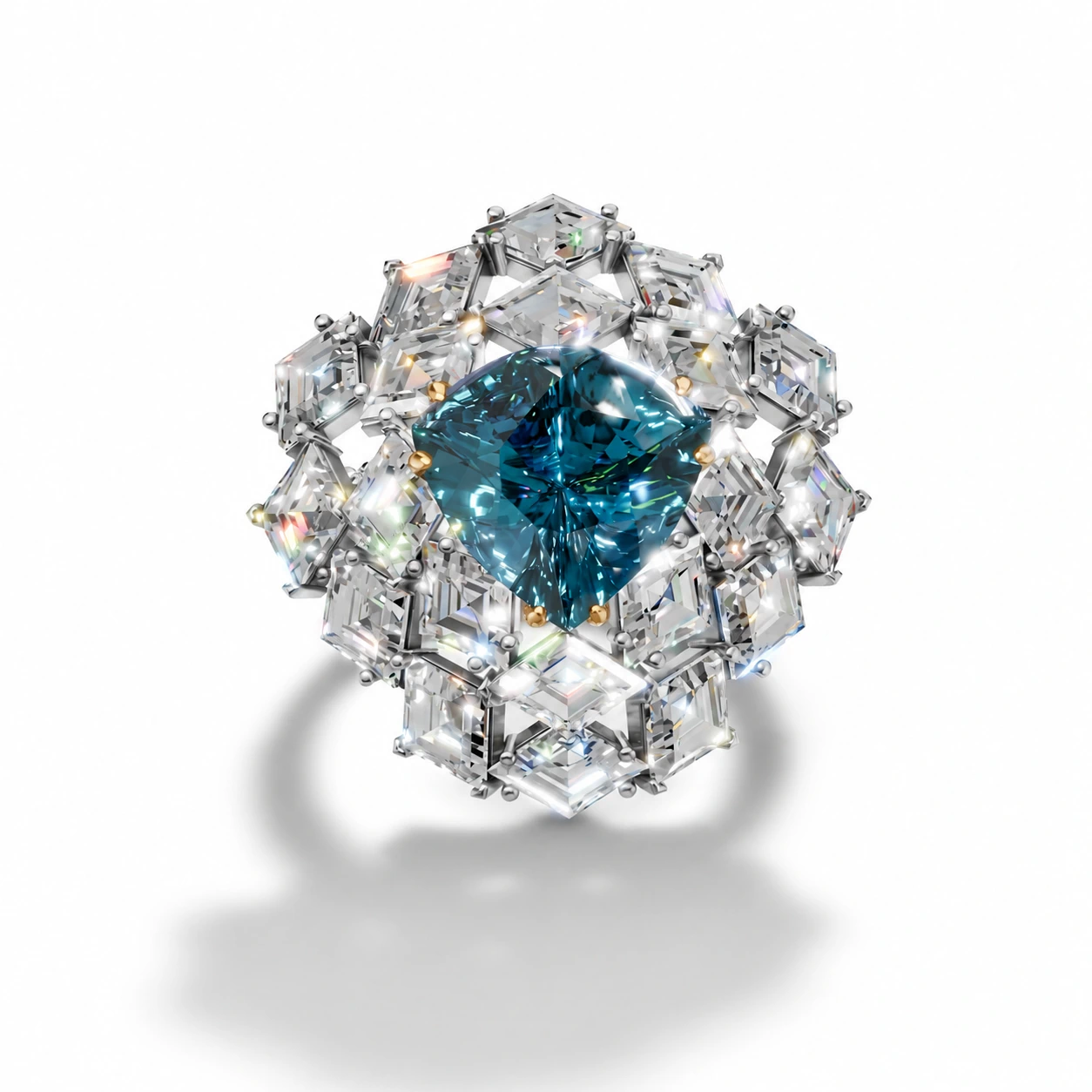 Blue hexagonal cluster ring with princess-cut gemstones — main view