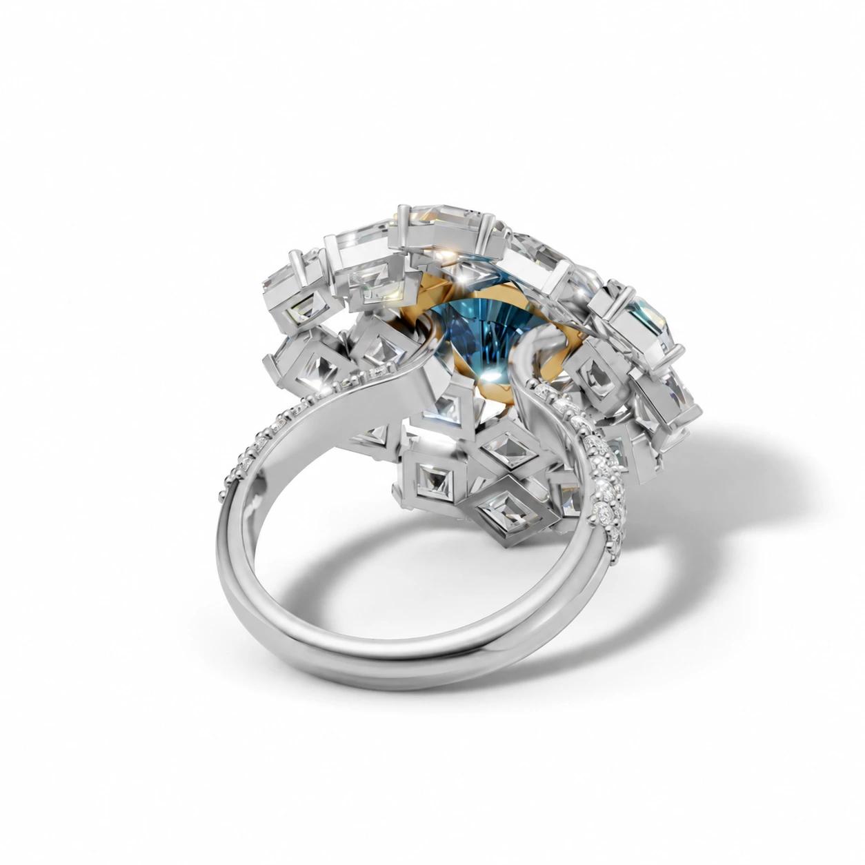 Blue hexagonal cluster ring — rear view of the setting