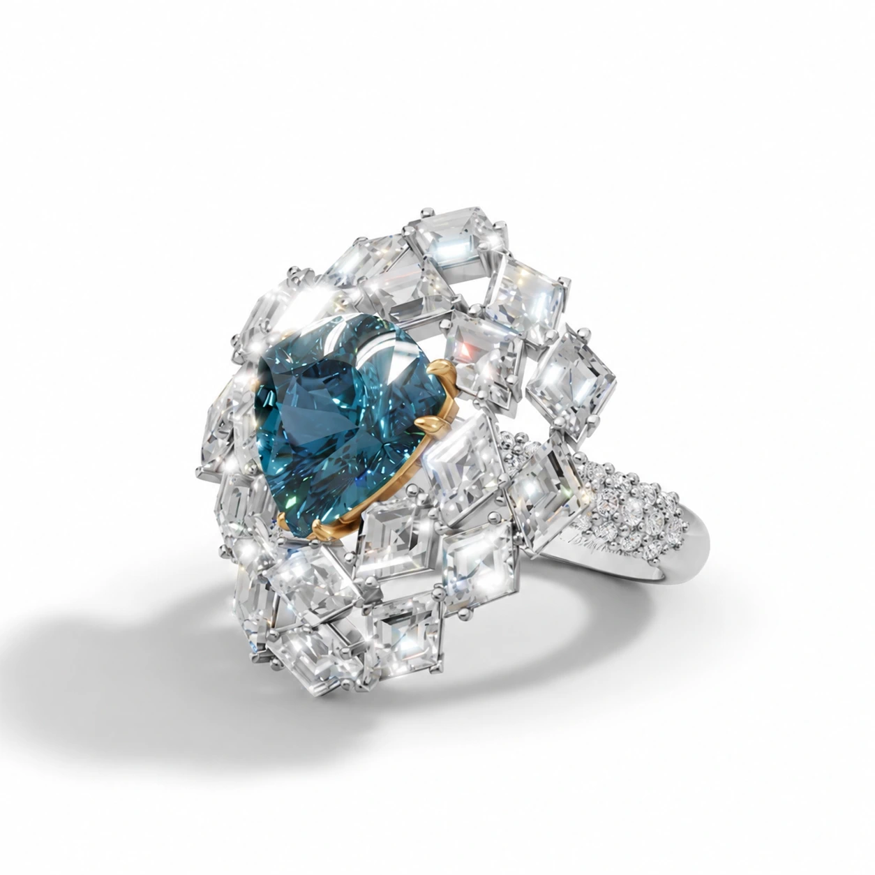 Blue hexagonal cluster ring — front gemstone detail