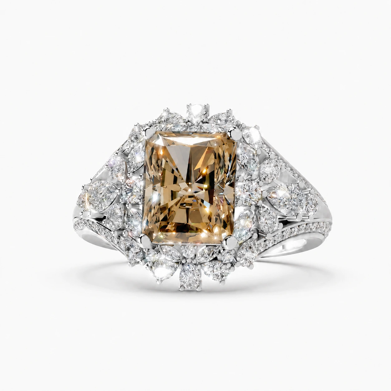 Champagne radiant-cut gemstone halo ring — main view
