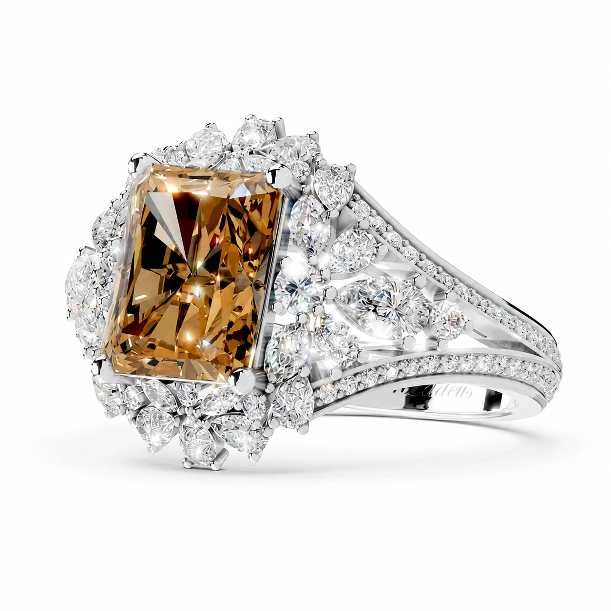 Champagne radiant-cut gemstone halo ring — setting detail