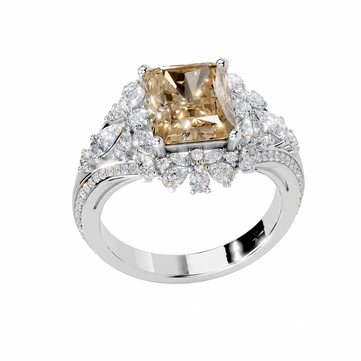 Champagne radiant-cut gemstone halo ring — side view