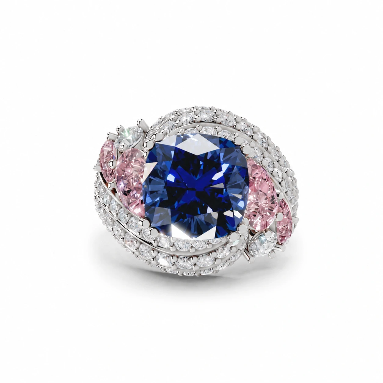 Blue cushion-cut gemstone ring with pink side stones — main view