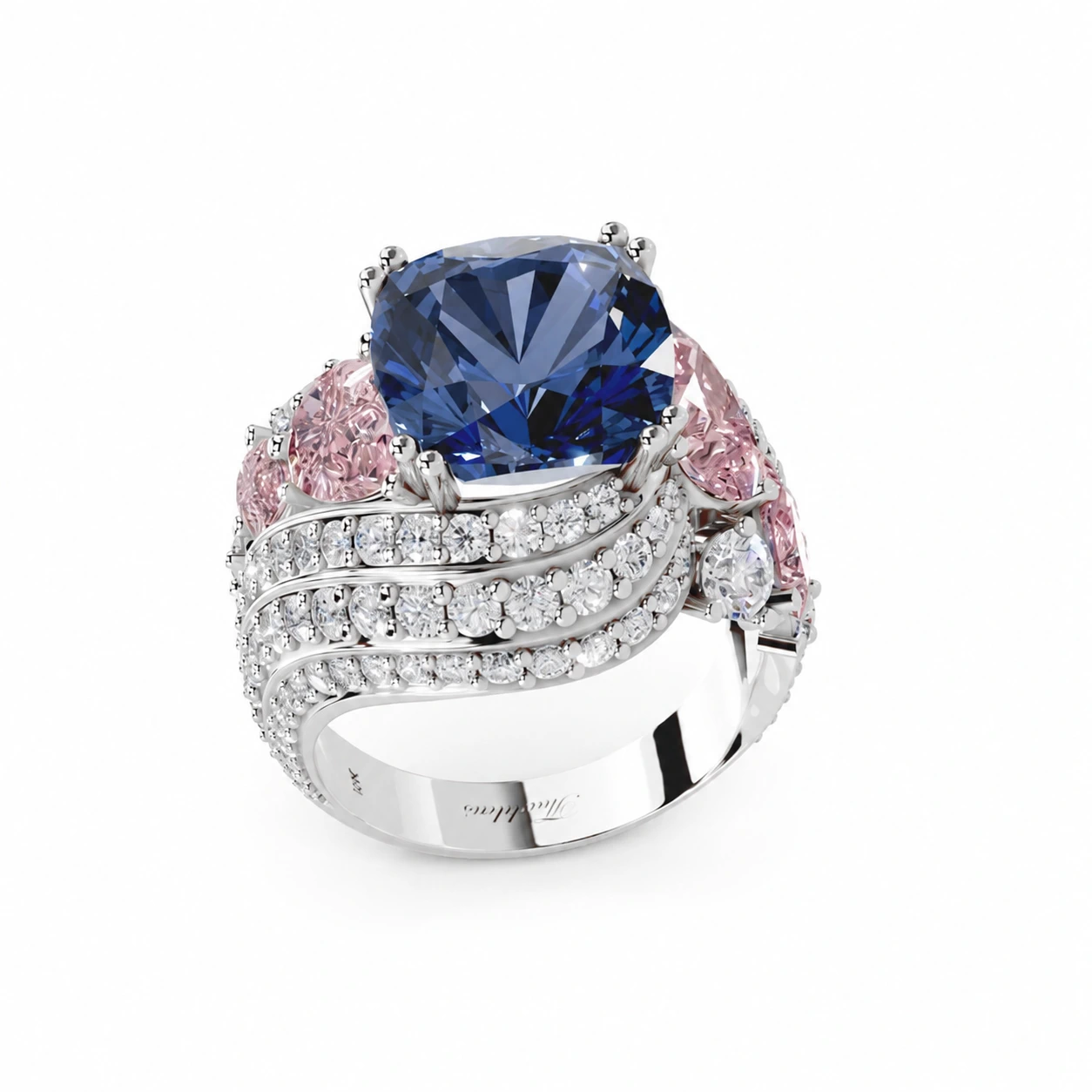 Blue cushion-cut gemstone ring with pink side stones — setting detail