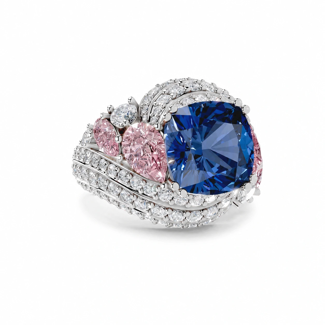 Blue cushion-cut gemstone ring with pink side stones — side view