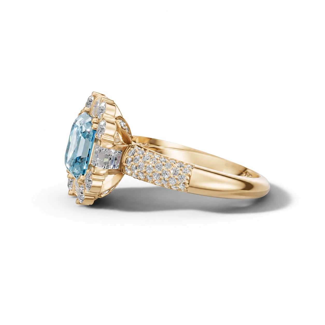 Paraiba tourmaline halo ring — side view