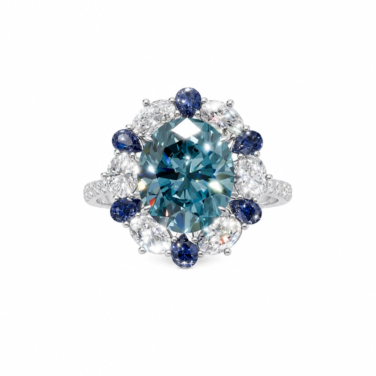 Blue round-cut gemstone halo ring — main view