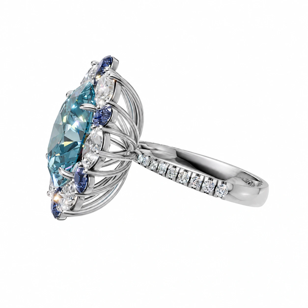 Blue round-cut gemstone halo ring — side view