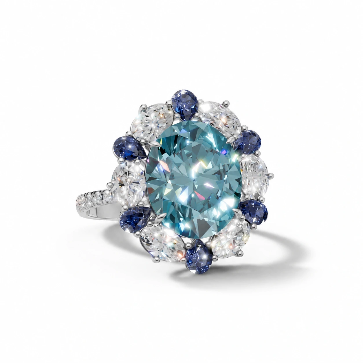 Blue round-cut gemstone halo ring — setting detail