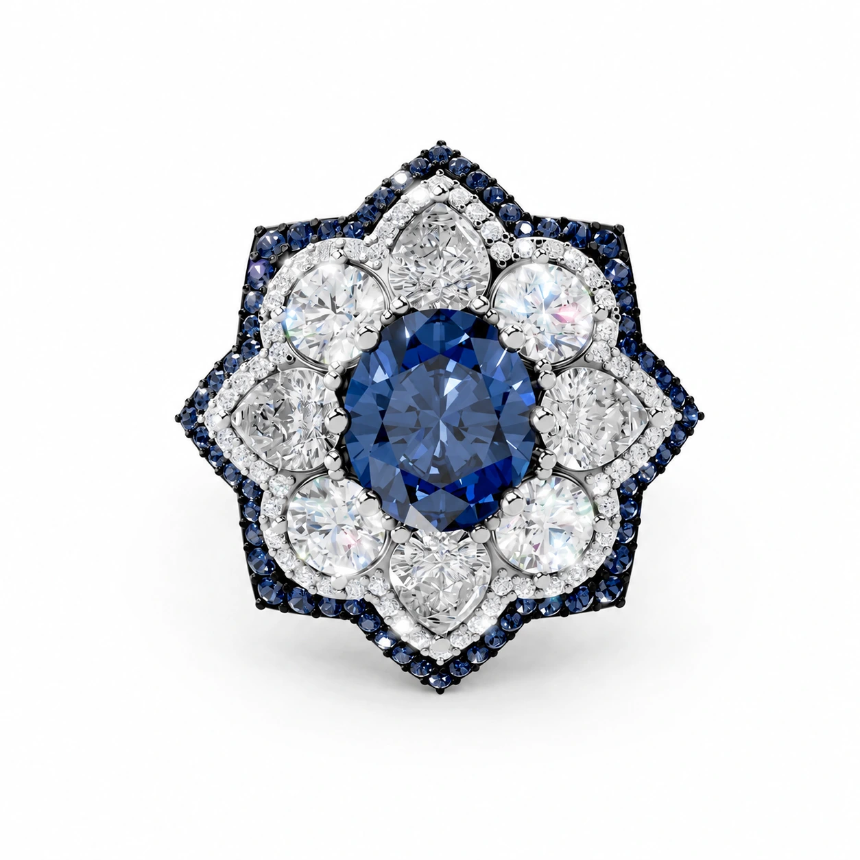 Blue round-cut gemstone ring with a floral motif — main view
