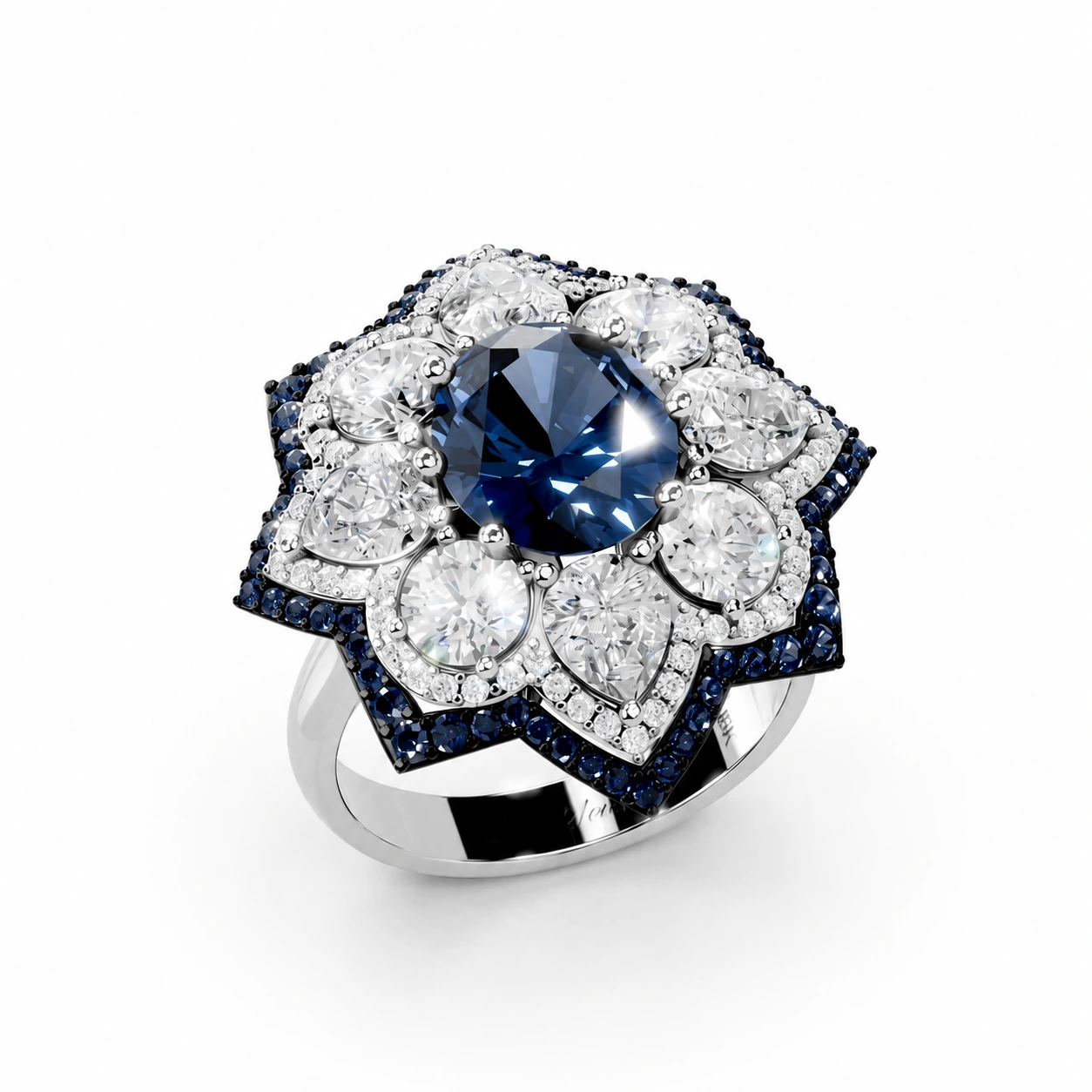 Blue round-cut gemstone ring with a floral motif — setting detail