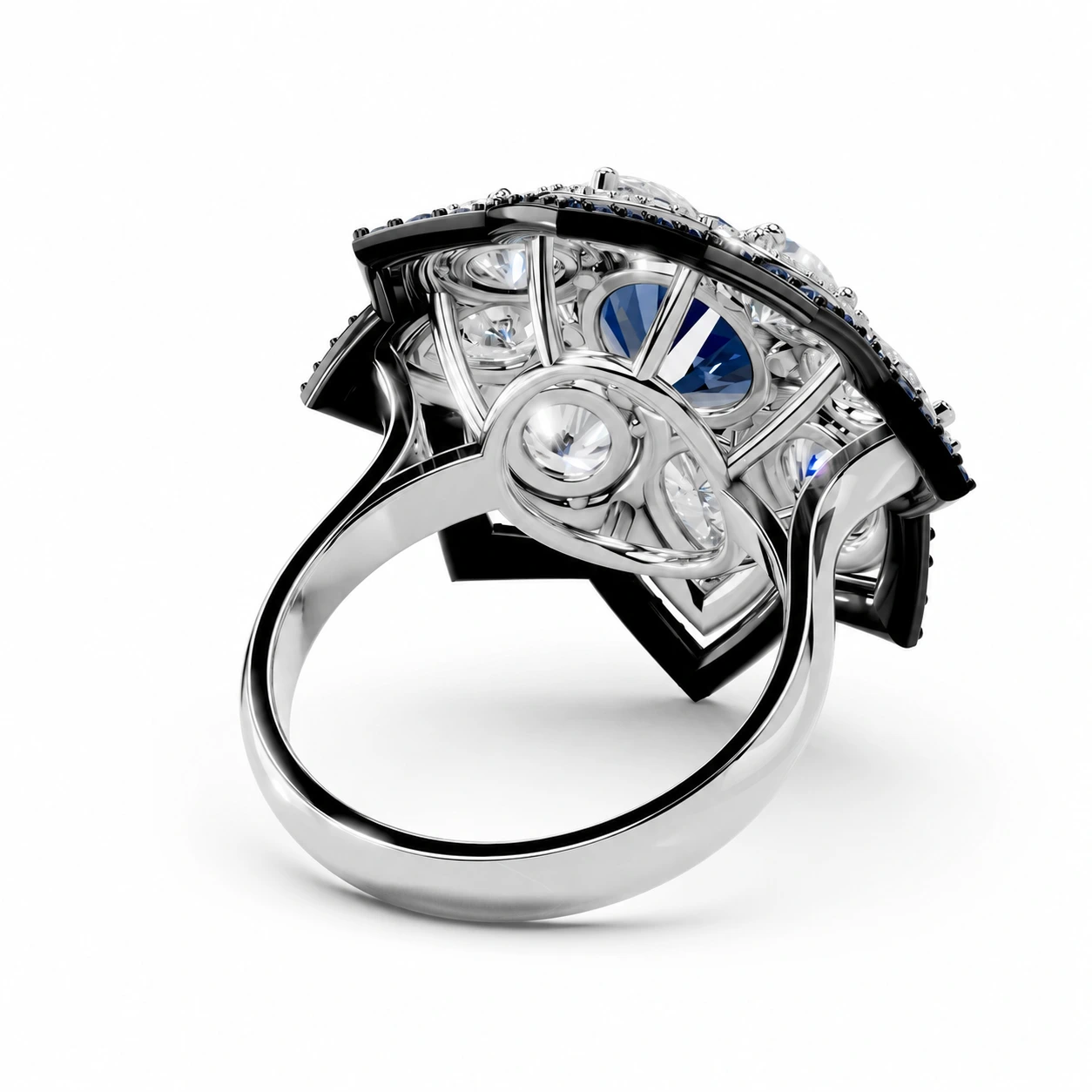 Blue round-cut gemstone ring with a floral motif — side view